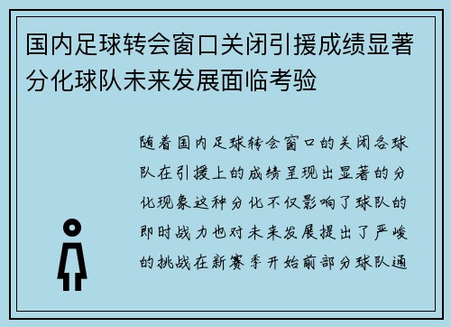 国内足球转会窗口关闭引援成绩显著分化球队未来发展面临考验