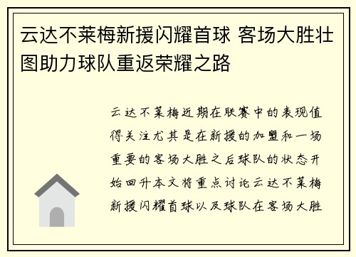 云达不莱梅新援闪耀首球 客场大胜壮图助力球队重返荣耀之路