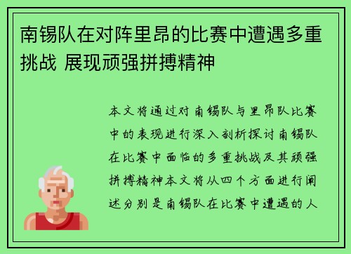 南锡队在对阵里昂的比赛中遭遇多重挑战 展现顽强拼搏精神