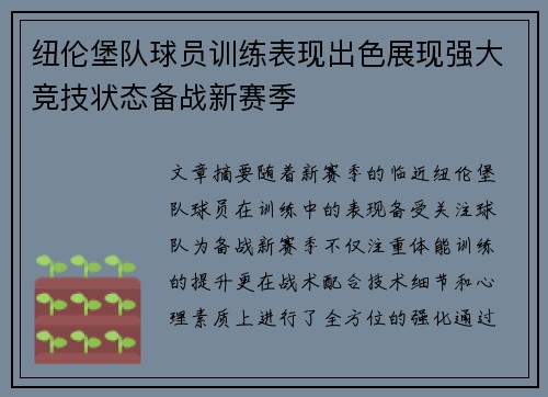 纽伦堡队球员训练表现出色展现强大竞技状态备战新赛季