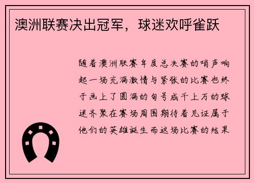 澳洲联赛决出冠军，球迷欢呼雀跃