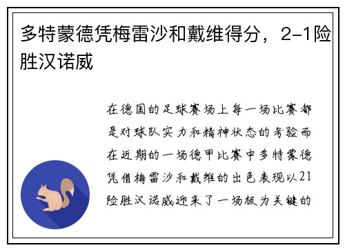 多特蒙德凭梅雷沙和戴维得分，2-1险胜汉诺威