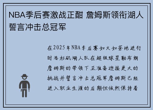 NBA季后赛激战正酣 詹姆斯领衔湖人誓言冲击总冠军
