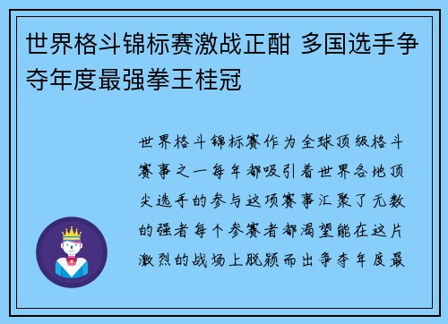 世界格斗锦标赛激战正酣 多国选手争夺年度最强拳王桂冠