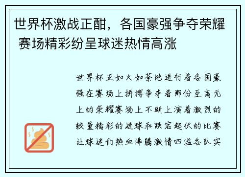 世界杯激战正酣，各国豪强争夺荣耀 赛场精彩纷呈球迷热情高涨